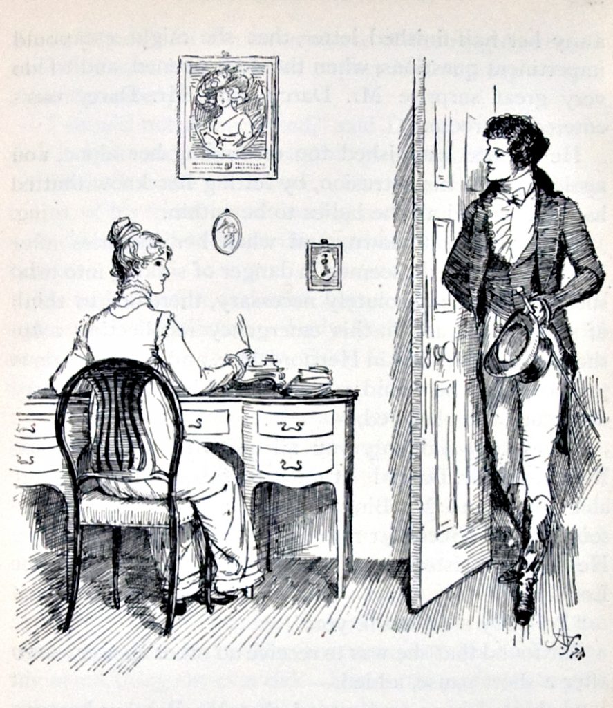 Η Ελίζαμπεθ Μπένετ και ο κύριος Ντάρσι, σκίτσο του Χιου Τόμσον από εικονογραφημένη έκδοση του βιβλίου, το 1894.